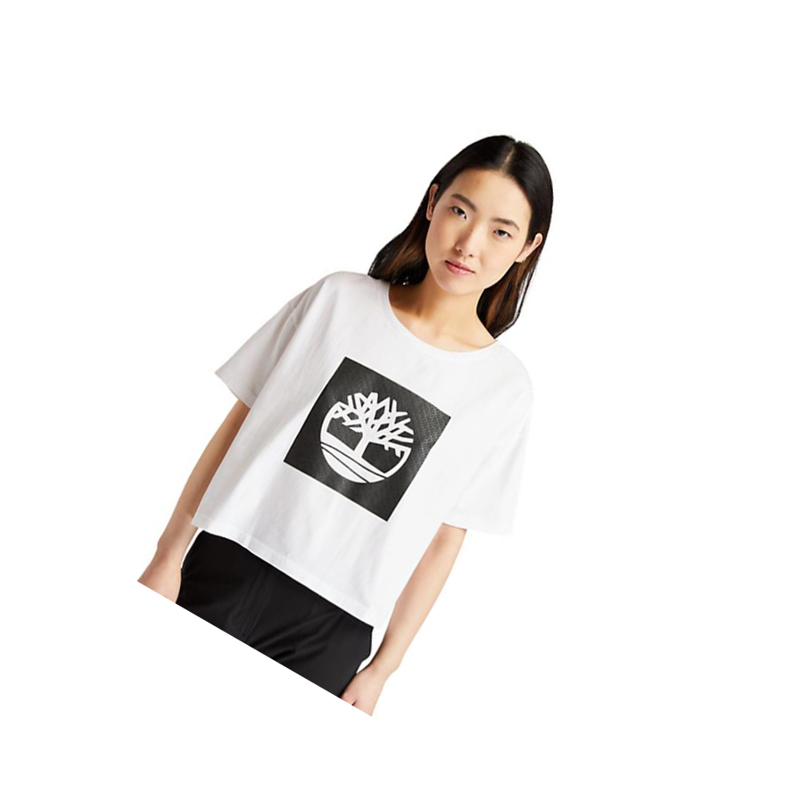 Camiseta Timberland Cropped Logo Mujer Blancas | ES-TQDBN65