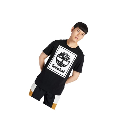 Camiseta Timberland Stack Logo Hombre Negras Blancas | ES-CQFPW61